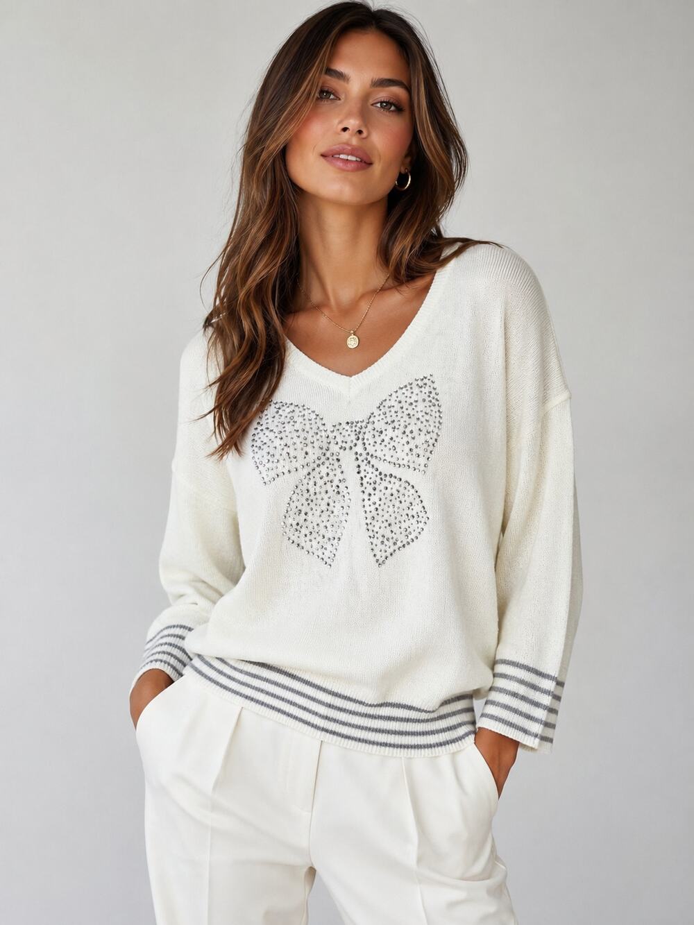 Tommy Girl Rhinestone Bow Sweater XS Ivory V Neck Stripe Trim Preppy Chic Y2K